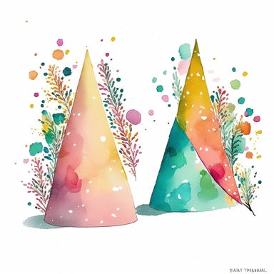 watercolor Birthday Party hat, set of 2 cliparts, playful arrangement, beautiful bright colors, cartoonish style, paul wonner