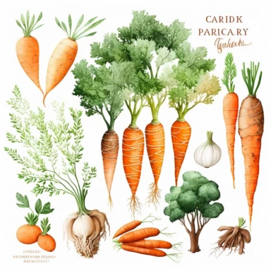 carrot, rustic garden watercolor clipart on white background, brown green terracotta orange wood white grey