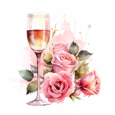 Clip art, goblet of champagne roses with a rose around watercolor pink