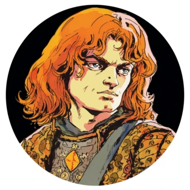 tough young Persian Irish Roundhead Puritan knight, Josh Kirby Mad Max Lord of the Rings, enamel punk zine indie, clipart illustration, circular solid background, circular border