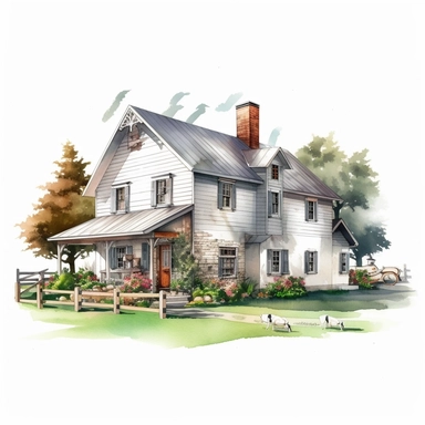 farm house photorealistic clipart,on white background with margins