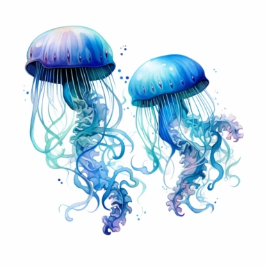 Amidst swirling hues of cerulean and azure, the watercolor jellyfish gracefully glided through an ethereal underwater tapestry, their tentacles trailing behind like elegant brushstrokes in a vibrant aquatic masterpiece. clipart on white background