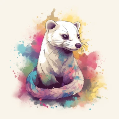 A detailed illustration an ferret, t shirt design, in the style of Studio Ghibli, pastel tetradic colours, 3D vector art, cute and quirky, watercolor clipart, white background watercolor effect, Adobe Illustrator, hand-drawn, digital painting, low-poly, soft lighting, bird's-eye view, isometric style, retro aesthetic, focused on the character,