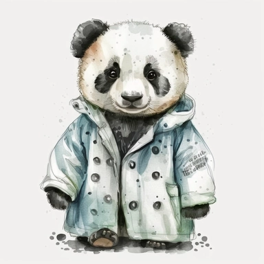 Cute and Happy baby Panda wearing a doctor's coat, Clipart. watercolor style, white background