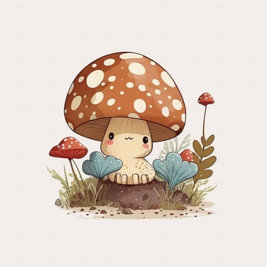 woodland mushroom, archive illustration, cute, white background, clipart