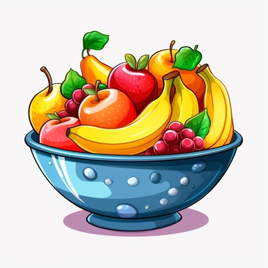 cute bowl of fruits, clipart, clear outlines, cartoon, white background