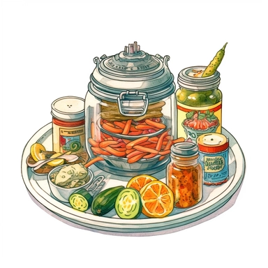 watercolor and ink styling, retro futuristic space age pickles and kimchi, clipart on plain white background, 50s vibes, super high detail ultra precision 16k HD, clean crisp brushwork, painted by Beatrix Potter