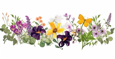 Pressed boho cottagecore floral clipart violet, honeysuckle, black-eyed susan, wild rose and orchids floral border wildflowers with green foliages floral nature garden border, clipart with white background