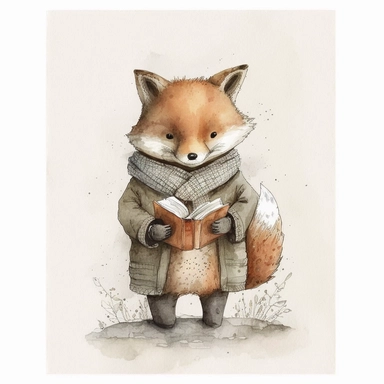 watercolor and pencil drawing of an an anthropomorphic baby fox dressed as a lawer with a book in his hand, ​happy, gentle smile, beautiful watercolor ink wash coloring, thick pencil lines, Jon klassen, beatrix potter, popular on etsy, watercolor illustrations clipart, watercolor illlustrations for kids and children, plain white background
