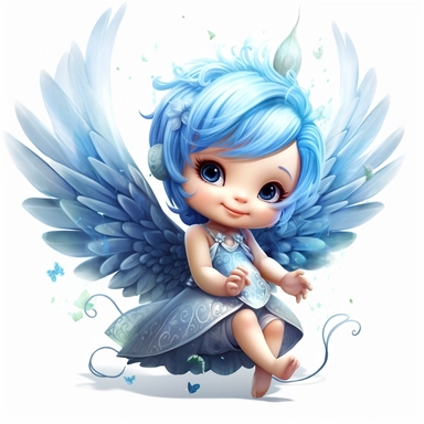 a beautiful happy baby fairy girl, blue flowered dress, blue eyes, highly detailed image, full body image, big wings, pixar style, clipart, white background,