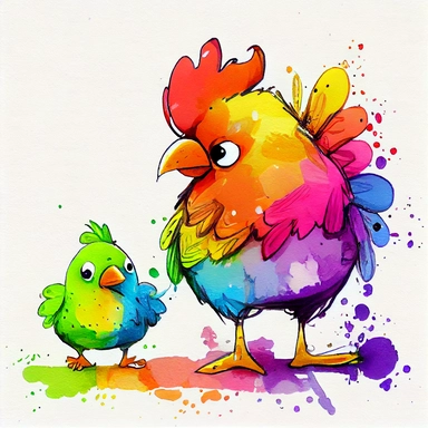 funny pink, yellow, blue, orange and green chicken, hen with rooster, with beautiful legs, like a friend, cartoon style, white background, black outside lines, designs, white background, watercolor pencil drawing, small details, digital art, clipart, super acurate, –testp, pixar,