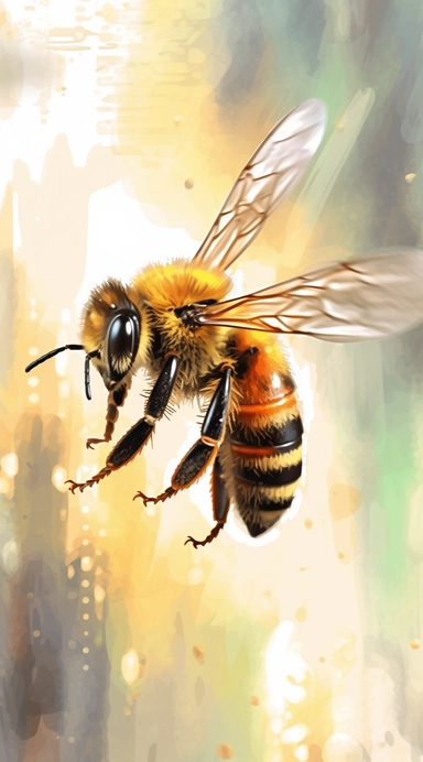 A stunning oil clipart graphic of a honey bee in mid-flight, with its wings beating rapidly and its body poised in mid-air. The style is impressionistic, with bold brushstrokes and vibrant colors that capture the energy and vitality of the scene. The mood is lively and energetic, making this clipart perfect for use in designs related to movement and activity. White-background, vector, contour