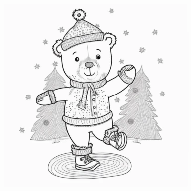 coloring book page for kids, a christmas tree, cute little bear in human costume, with christmas cap, at ice figure skating sports, clipart, cartoon children's stylehand drawn line art, black and white