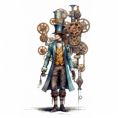 steampunk victorian prototype, full body, watercolor, gears, pinions, calipers, clocks, rivets, top hat, clipart, duo tone, realistic, ultra resolution, vivid detail, 8k, minimal watercolors, white background