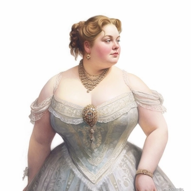 An enchanting half-portrait of a Victorian Young chubby lady in a dress, evoking the elegance and grace of the era. The intricate detailing and the use of pastel clipart add a touch of whimsy to the hyper-realistic portrayal against a solid white background.