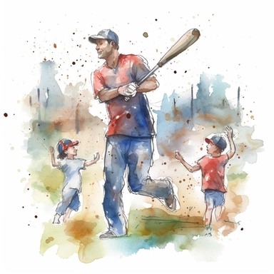 dad playing baseball with the kids in the backyard, clip art, watercolor style--q2--v5.1--s1000