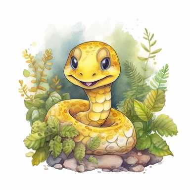 a captivating watercolor clipart image with a white background and white margins, featuring a cute sweet kawaii extremely happy smiling cartoon woodland yellow snake. The ultra-detailed, hand-drawn elements capture the details. Use vibrant shades of various colors to create a visually appealing image