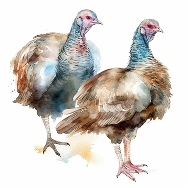 watercolor of two turkeys, clip art, on a white background