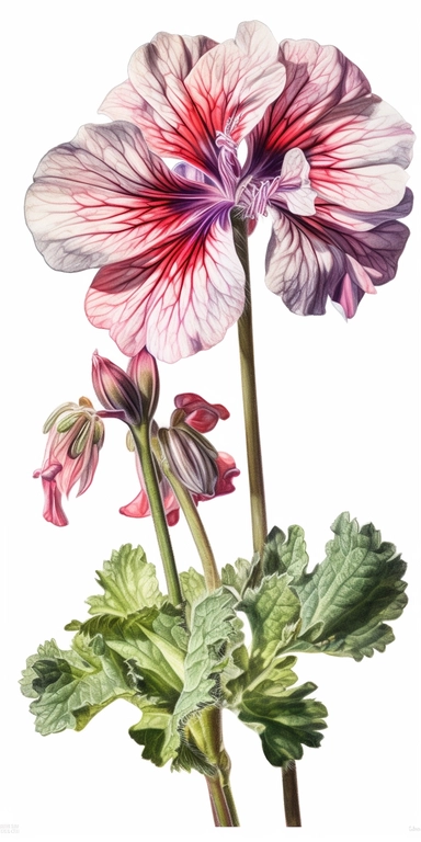 Watercolor Painting of SINGLE STEAM Geranium FLOWER on white background beautiful multi - headed pale, Flora Design Patterns, Flemish Baroque by Rachel Ruysch, Behance, Rococo, Intricate Detailed, Soft Light Effect, Oil Paint Strokes, Light Academia Aesthetic Flowers, Lighting cinematic, all shown shimmering stamens, tyndall light, light effect, texture, colorful, 8k, fantasy, ray tracing, depth of field, vivid, spectacular lighting, octane rendering, highly detailed, ultra - realistic, white ba