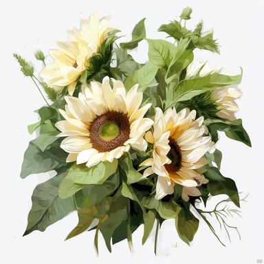 a white sunflower bunch clipart, in the style of combining natural and man-made elements, oil painting, light brown and leafy green, realistic brushwork, white background, decorative, cheerfull, sunny, summery