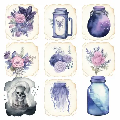 Create a series of hauntingly beautiful watercolor clipart illustrations inspired by dark fairytales. Craft ethereal scenes featuring delicate flowers entwined with thorns, mysterious characters cloaked in shadows, and magical elements like potions or spellbooks. Utilize the fluidity of watercolor to add depth and dimension to each artwork, making them perfect for embellishing invitations, packaging designs, or digital collages.