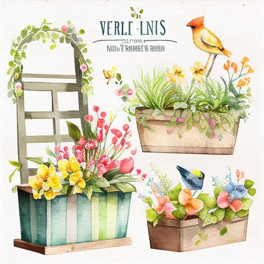 Watercolor Spring Planters Clipart - springtime cute planter boxes and garden ladders