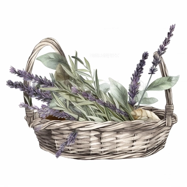 Dried sage and lavender laying in a basket by a kitchen window on the counter, glamorous, clipart style, detailed and realistic, watercolor, white background with margins