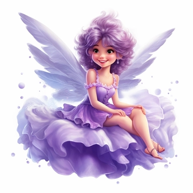 a beautiful smiling fairy sitting on a cloud, purple dress, big wings, full body image, pixar style, clipart, white background