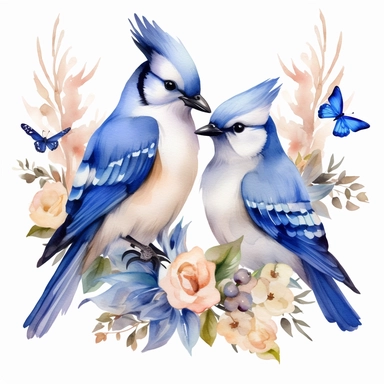 Watercolor Cute Couple Blue jay bird Clipart ,White background