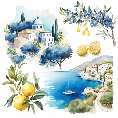beautiful watercolor clipart of a Mediterranean scene with white village houses and the seascape, blue and white, compositions on an isolated white background, lemons and olives. Bright landscapes illustrations, highly detailed