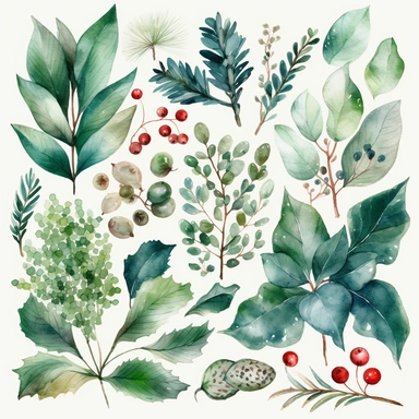 Winter Foliage Christmas Elements, Festive Clipart, Green Leaves & Berries Winter Elements, Watercolor Christmas