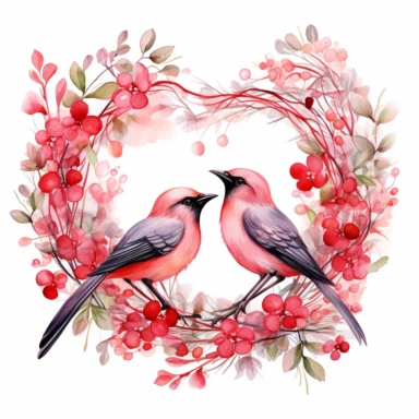 Romantic Clipart, Anniversary Celebration, Heart Wreath, Love Elements, Red and Pink Colors, Wedding Rings, Lovebirds, Watercolor, single design,