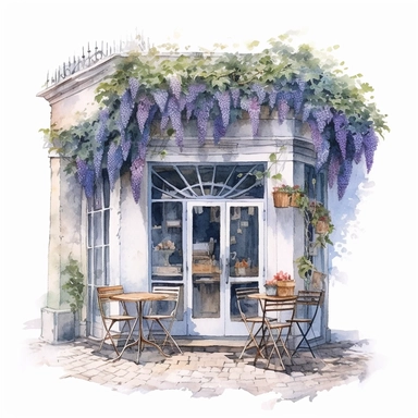 Café with a soft blue façade, framed in a heart shape. Subtle wisteria blooms decorate the café front, with a small outdoor seating area completing the tranquil scene. Watercolor Cafe Storefront Clipart, hyper-realistic, hyper-detailed, white background