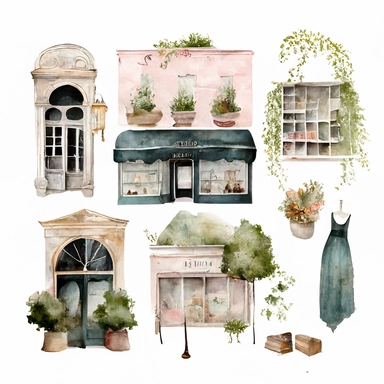 watercolor 1870s boutique clipart, isolated on white background, spaced out, hd--v 5