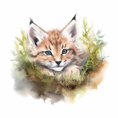 a delightful watercolor clipart image with a white background and soft pastel colors, showcasing an extremely happy baby lynx nestled in a bed of moss, its expressive eyes and tufted ears exuding a sense of innocent wonder and joy.