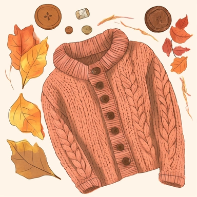 Create a cozy fall sweater clipart with a cable knit pattern, oversized collar, and wooden buttons on a white background capturing the warm and comforting feeling of autumn, Illustration, fashion illustration style,
