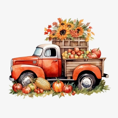 A red shabby American classic truck with two cute gnomes and pumpkins, sunflowers, maple leaves, autumn harvest, nature, watercolor clip art style, 4K HD,