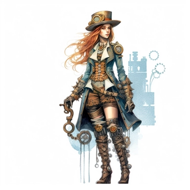steampunk victorian girl prototype, full body, watercolor, gears, pinions, calipers, clocks, rivets, top hat, clipart, duo tone, realistic, ultra resolution, vivid detail, 8k, minimal watercolors, white background