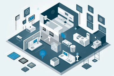 homes equipped with smart technology, including automated appliances and security systems clipart, HD, with white background, spaced out