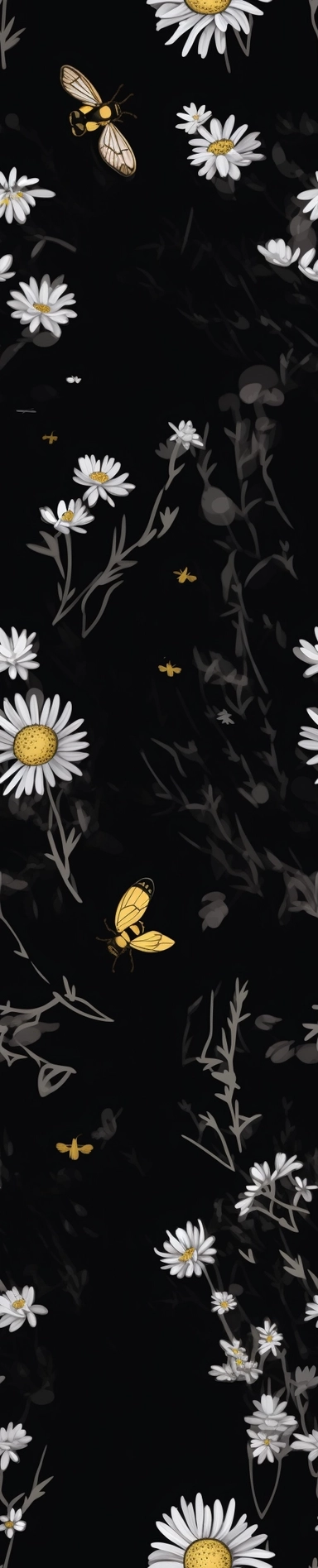anime,illustration,daisy and small bees,with black and yellow designs,bright,simple,in the style of clear brushwork, cartoonish,chalk, sleek metallic finish,cartoonish innocence,Clipart