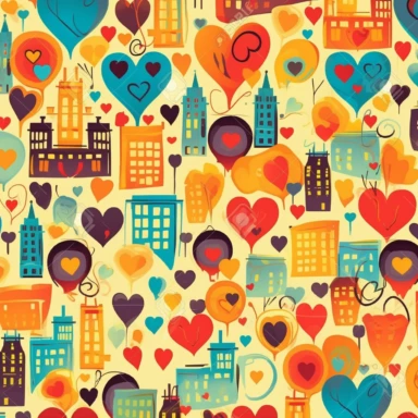 bright yellow background wallpaper seamless image, with colorful blue green red orange clip art Austin skyline, clip art hearts and music notes