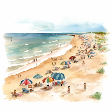 watercolor chic illustration of Playa la Bota in Punta Umbría, Huelva, Spain, featuring its wide sandy shoreline, gentle rolling waves, beach umbrellas, and people enjoying activities like sunbathing, swimming, and beach volleyball, beautiful, clipart, sticker art, flat 2d, 8k, high definition, white background