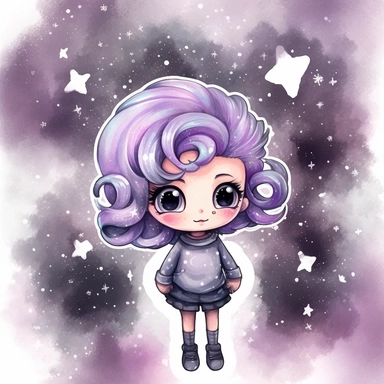 watercolor funny create kawaii marbled black ,silver, purple chibi school spirit clipart, isolated on white background,space out--ar3:2--s1000