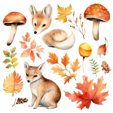 Watercolor autumn elements, flower , leave fall , Watercolor many animals woodland Clipart, Autumn Clipart , watercolor illustration, white background for removing background