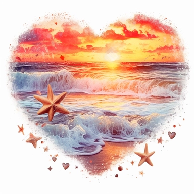 Retro Heart Beach Sunset Watercolor Clipart, Watercolor Beach Sunset in a Heart Shape Clipart, Beach Clipart, sand, starfish, Watercolor Clipart, highly detailed, plain white background 8k