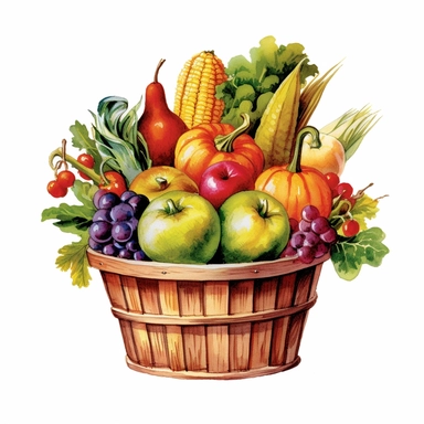 watercolor, hyper realistic, white background, white margins, 16k, ultra detailed clipart, cut out image, hand-drawn a bountiful harvest basket overflowing with freshly picked fruits and vegetables from an autumn garden, with a mix of vibrant colors including red apples, orange pumpkins, and green gourds.