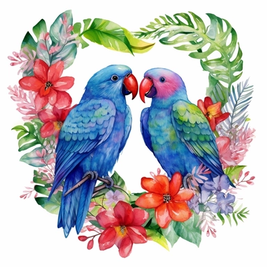 watercolor clipart, two blue Eclectus Parrots in love with tropical gardens, sweet hearts around, watercolor sublimation design, Sublimation Clipart, hyper realistic, intricate detail, illustration style, isolated on white background for removing background, Super-Resolution, Megapixel