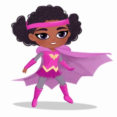 a happy little toddler black GIRL superhero, in action, in pink and purple, flowing cape, with bun hairstyle, smiling, flat style clipart, white background