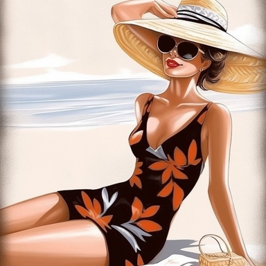 portrait view, full view, clipart illustration, beautiful lady sunbathing on beach, exact image, sharp focus, high detail, (--iw 5)