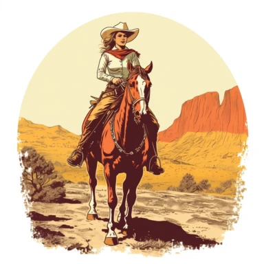 hand drawn vintage cowgirl on a horse on a ranch western Clipart silkscreen color prints comic book linotype block printing on a white background